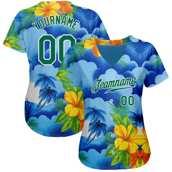 Custom White Kelly Green 3D Pattern Design Beach Hawaii Palm Trees And Flowers Authentic Baseball Jersey alternate