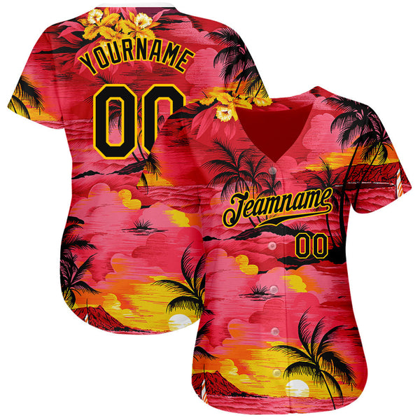 Custom Red Black-Yellow 3D Pattern Design Sun Beach Hawaii Palm Trees Authentic Baseball Jersey alternate