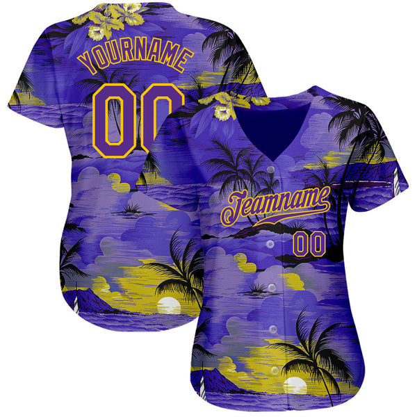 Custom Purple Yellow 3D Pattern Design Sun Beach Hawaii Palm Trees Authentic Baseball Jersey alternate