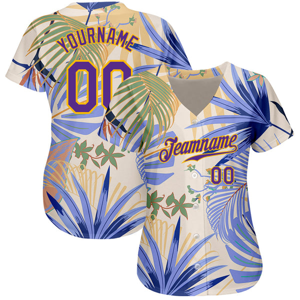 Custom White Purple-Gold 3D Pattern Design Hawaii Palm Leaves And Flowers Authentic Baseball Jersey alternate