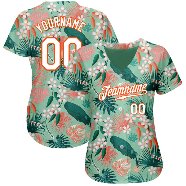 Custom Teal White-Orange 3D Pattern Design Hawaii Palm Leaves And Flowers Authentic Baseball Jersey alternate