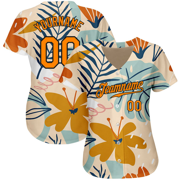 Custom Cream Bay Orange-Black 3D Pattern Design Hawaii Palm Leaves And Flowers Authentic Baseball Jersey alternate