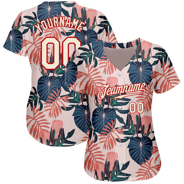 Custom Cream Red 3D Pattern Design Hawaii Palm Leaves And Flowers Authentic Baseball Jersey alternate