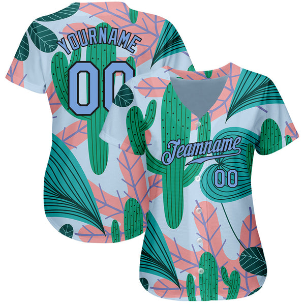 Custom Sky Blue Light Blue-Black 3D Pattern Design Cactus And Leaves Authentic Baseball Jersey alternate
