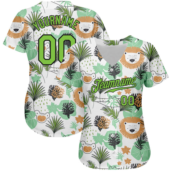 Custom White Neon Green-Black 3D Pattern Design Hawaii Palm Leaves And Lions Authentic Baseball Jersey alternate