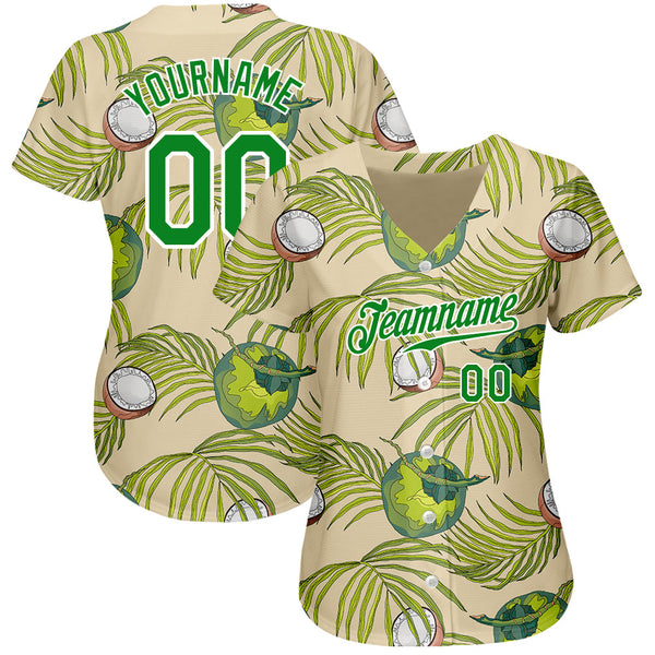 Custom Cream Grass Green-White 3D Pattern Design Coconuts And Leaves Authentic Baseball Jersey alternate