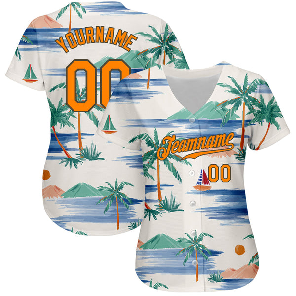 Custom Cream Bay Orange-Olive 3D Pattern Design Beach Coconut Palms Island And Sailboat Authentic Baseball Jersey alternate