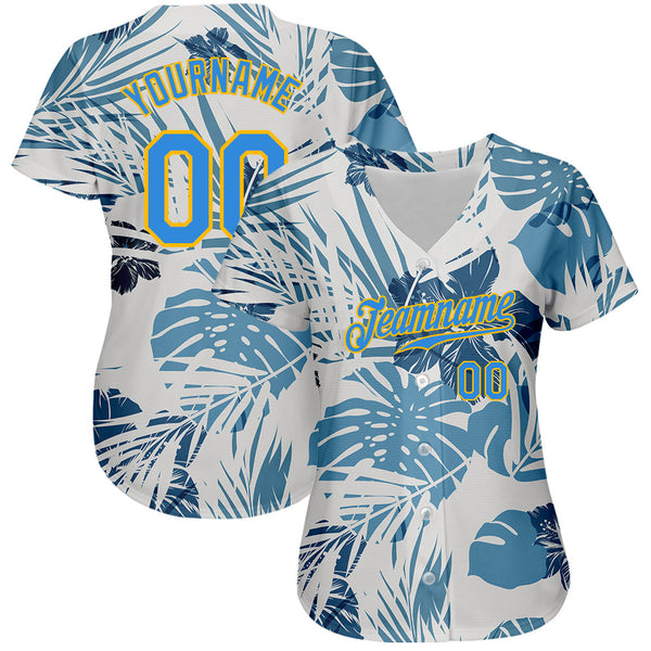 Custom White Electric Blue-Gold 3D Pattern Design Hawaii Palm Leaves And Flowers Authentic Baseball Jersey alternate