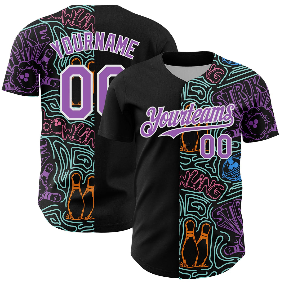 Custom Black Medium Purple White-Ice Blue Bowling Doodle Split Authentic Baseball Jersey