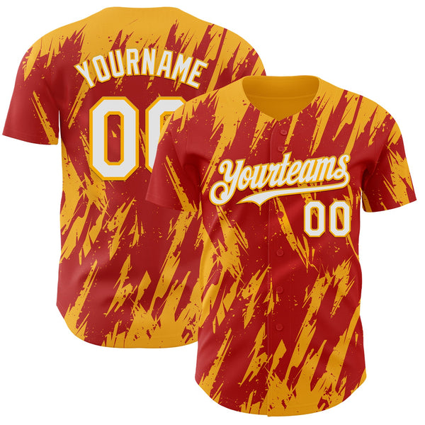 Custom Red White-Gold Splatter Torn Sharp Brush Stroke Authentic Baseball Jersey