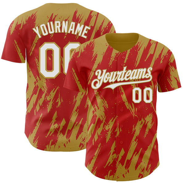 Custom Red White-Old Gold Splatter Torn Sharp Brush Stroke Authentic Baseball Jersey