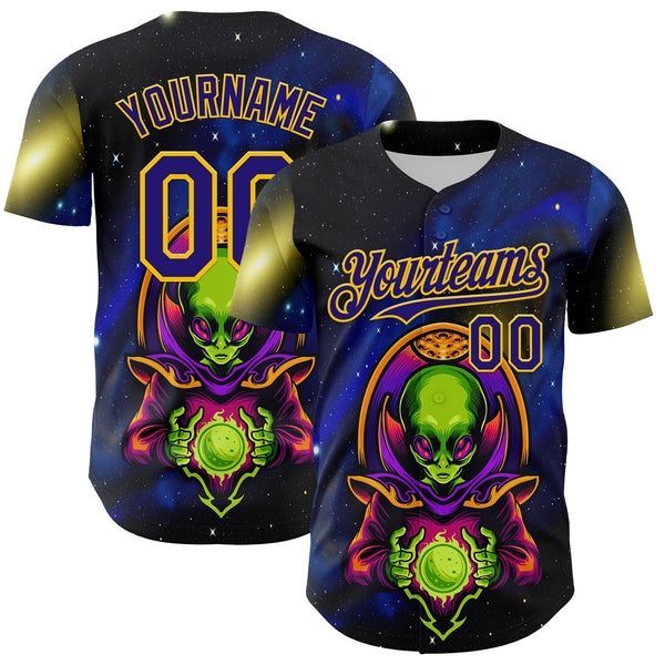 Custom Navy Dark Purple-Yellow Alien UFO Space Galaxy Authentic Baseball Jersey