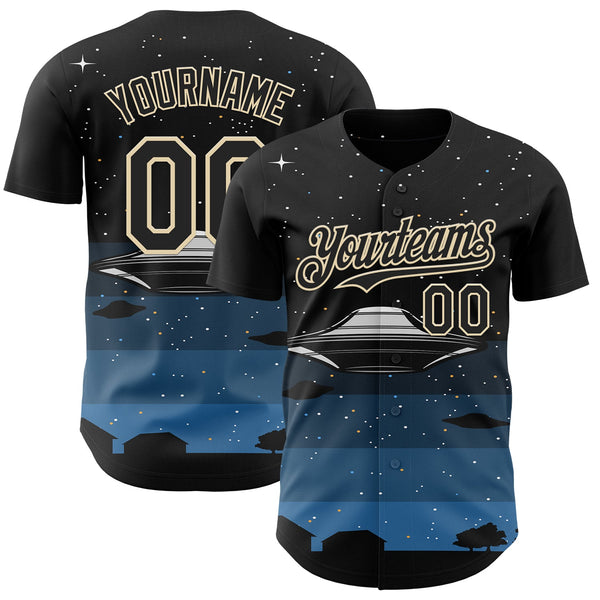 Custom Black Cream Alien UFO Galaxy Night Sky Town Authentic Baseball Jersey