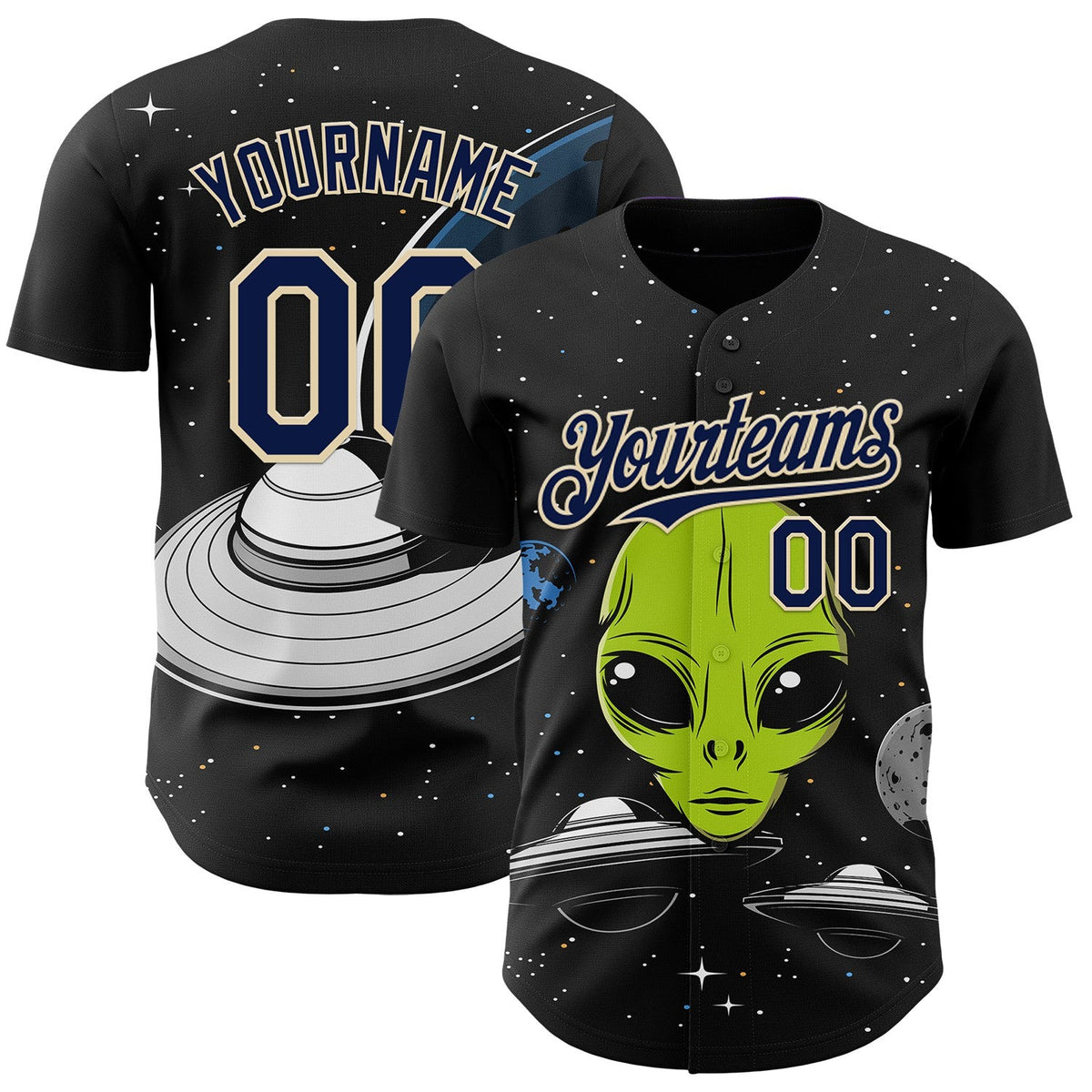 Custom Black Navy-Cream Alien UFO Galaxy Authentic Baseball Jersey