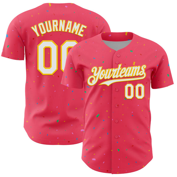 Custom Neon Pink White-Yellow 3D Pattern Design Confetti Colorful Speckle Authentic Baseball Jersey