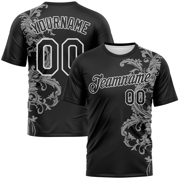 Custom Black Gray-White Baroque Rococo Floral Scrollwork Performance T-Shirt