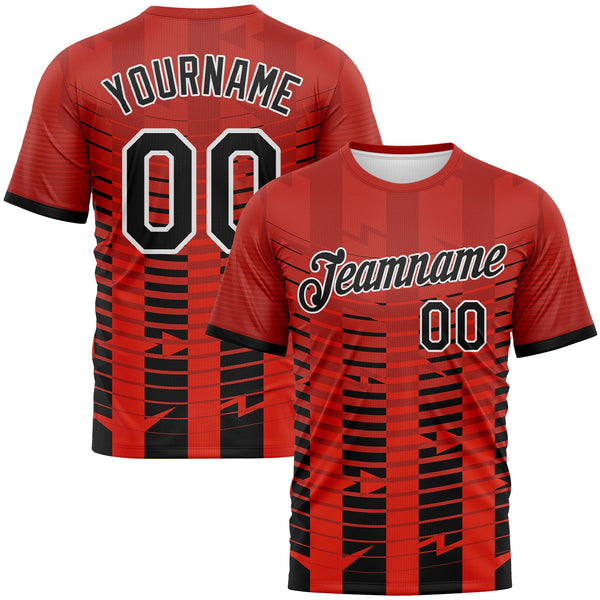 Custom Red Black-White Abstract Geometric Dynamic Stripe Performance T-Shirt