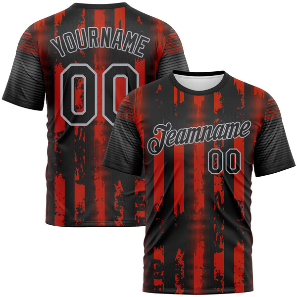 Custom Red Black-Gray Vintage Vertical Stripe Fantasy Performance T-Shirt