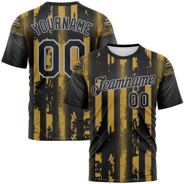 Custom Old Gold Black-Gray Vintage Vertical Stripe Fantasy Performance T-Shirt
