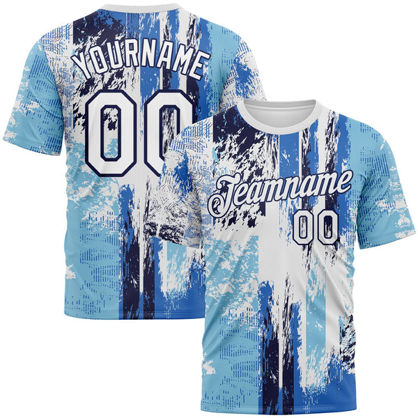 Custom Navy White Sky Blue-Light Blue Concept Grunge Fantasy Performance T-Shirt