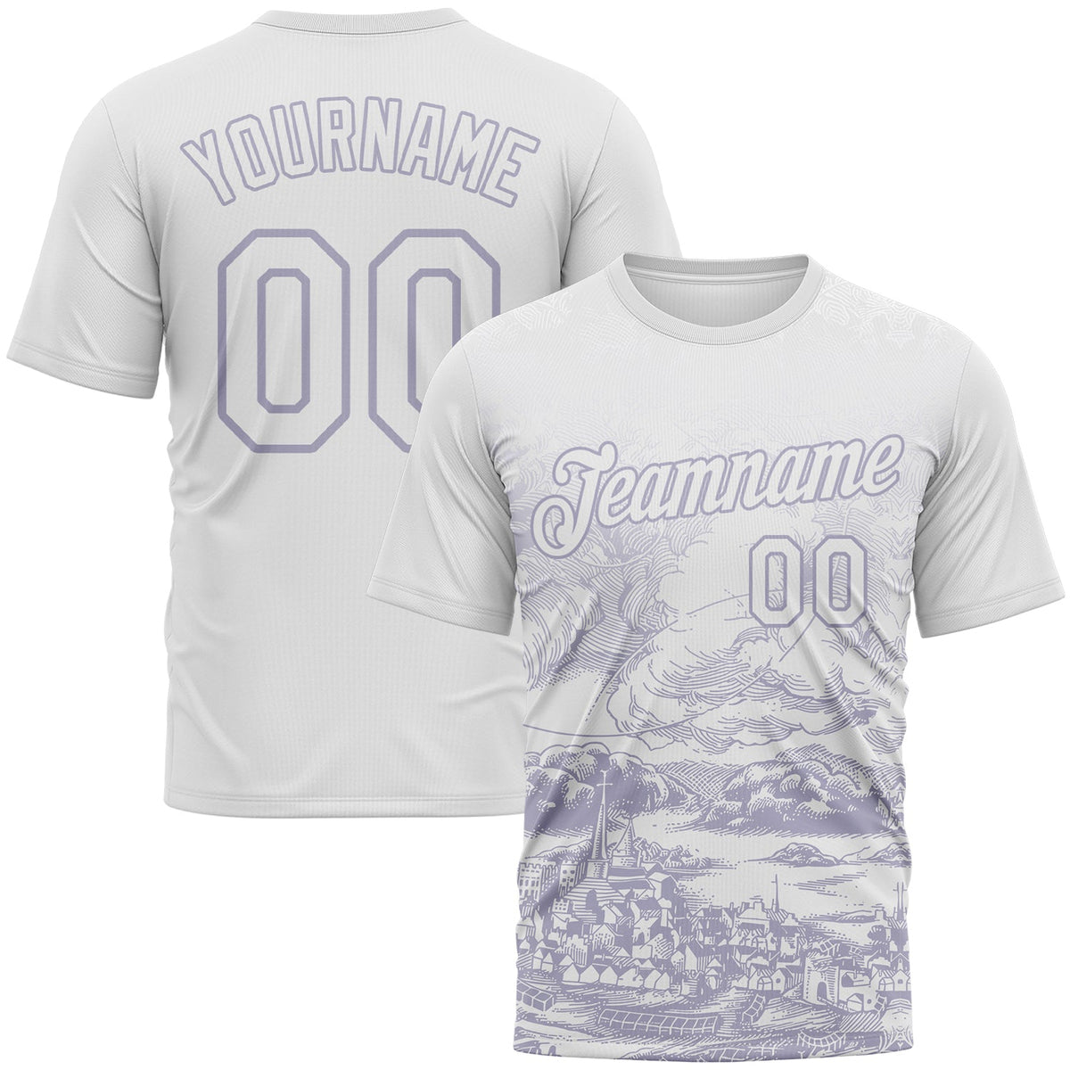 Custom White-Light Purple Vintage Line Art Cityscape Performance T-Shirt