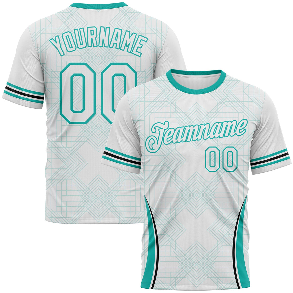 Custom White-Aqua Geometric Retro Athletic Performance T-Shirt