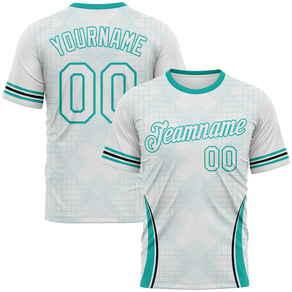 Custom White-Aqua Geometric Retro Athletic Performance T-Shirt