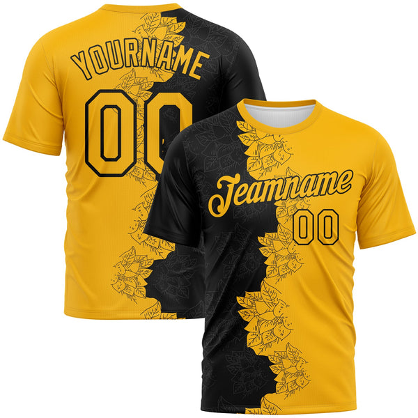 Custom Black-Gold Flower Sketch Split Fashion Performance T-Shirt