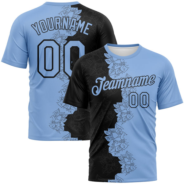 Custom Black-Light Blue Flower Sketch Split Fashion Performance T-Shirt