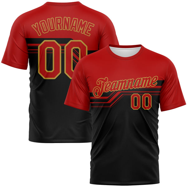 Custom Red Black-Old Gold Varsity Style Retro Stripe Performance T-Shirt