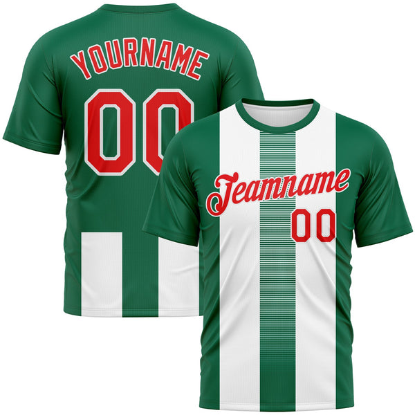 Custom Kelly Green Fire Red-White Vertical Stripe Vintage Style Performance T-Shirt