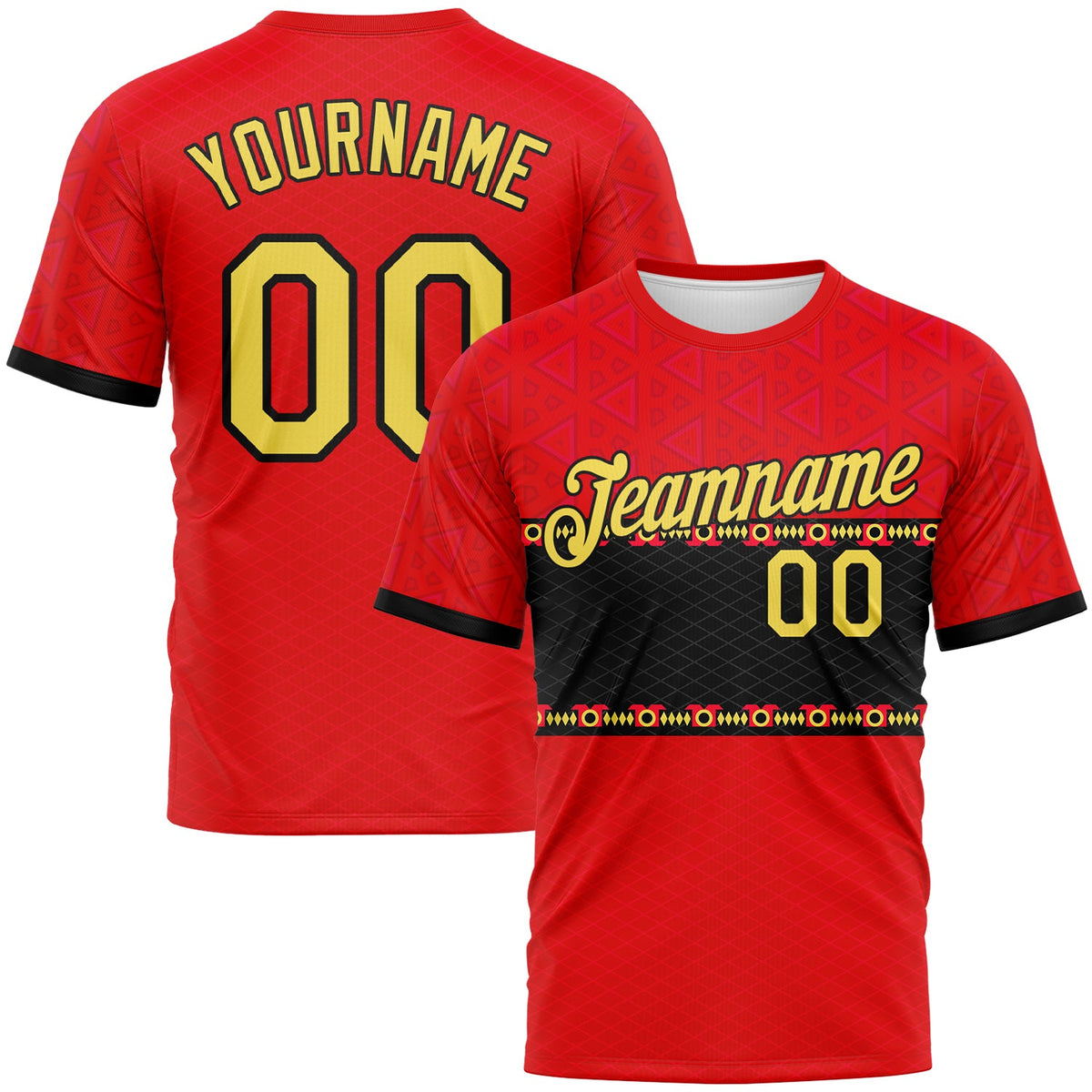 Custom Fire Red Yellow-Black Geometric Tribal Motif Performance T-Shirt