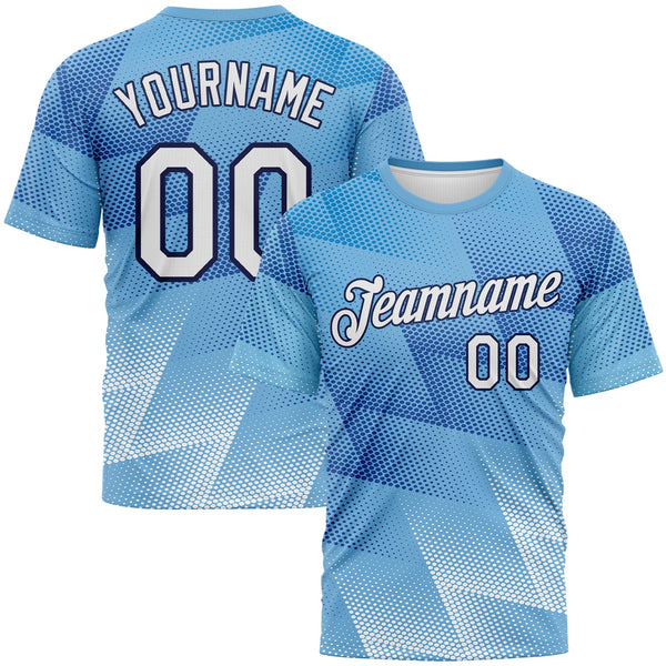 Custom Light Blue White-Navy Geometric Abstract Triangle Gradient Performance T-Shirt