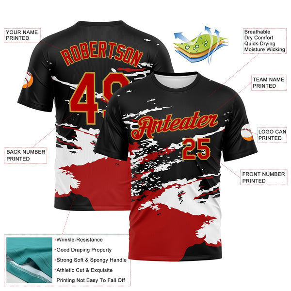 Custom Black Red White-Old Gold Splash Performance T-Shirt alternate