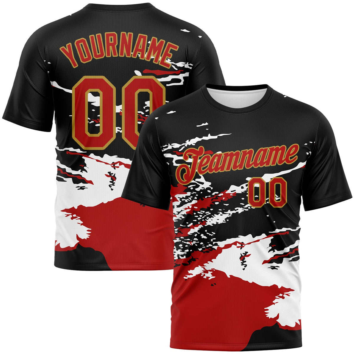 Custom Black Red White-Old Gold Splash Performance T-Shirt