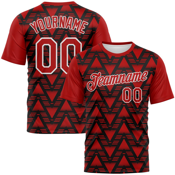 Custom Black Red-White Geometric Diamond Performance T-Shirt