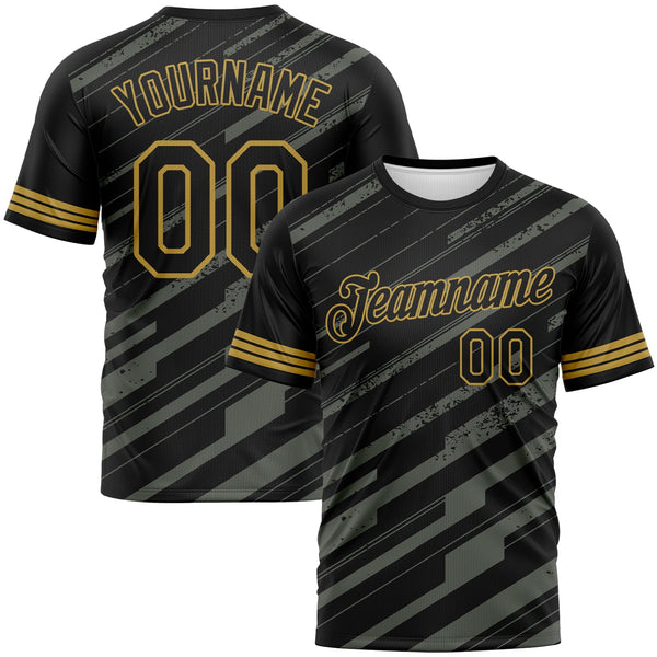 Custom Black Steel Gray-Old Gold Diagonal Stripe Speed Line Performance T-Shirt