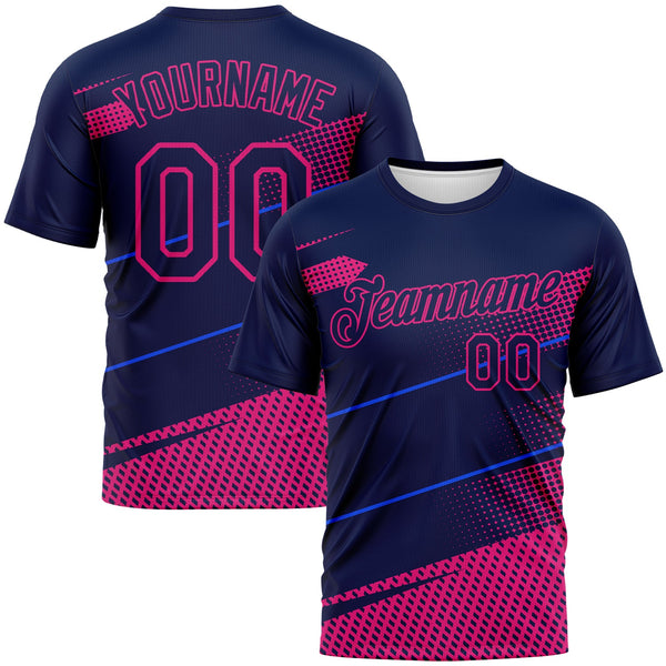 Custom Navy-Hot Pink Diagonal Stripe Halftone Performance T-Shirt