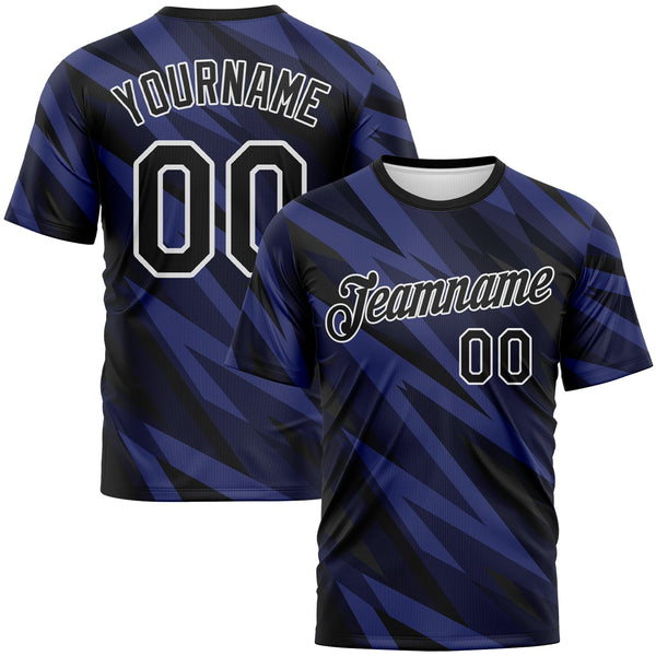 Custom Black Purple-White Jagged Stripe Lightning Bolt Performance T-Shirt
