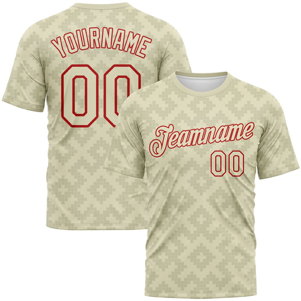 Custom City Cream-Red Geometric Diamond Subtle Grid Performance T-Shirt