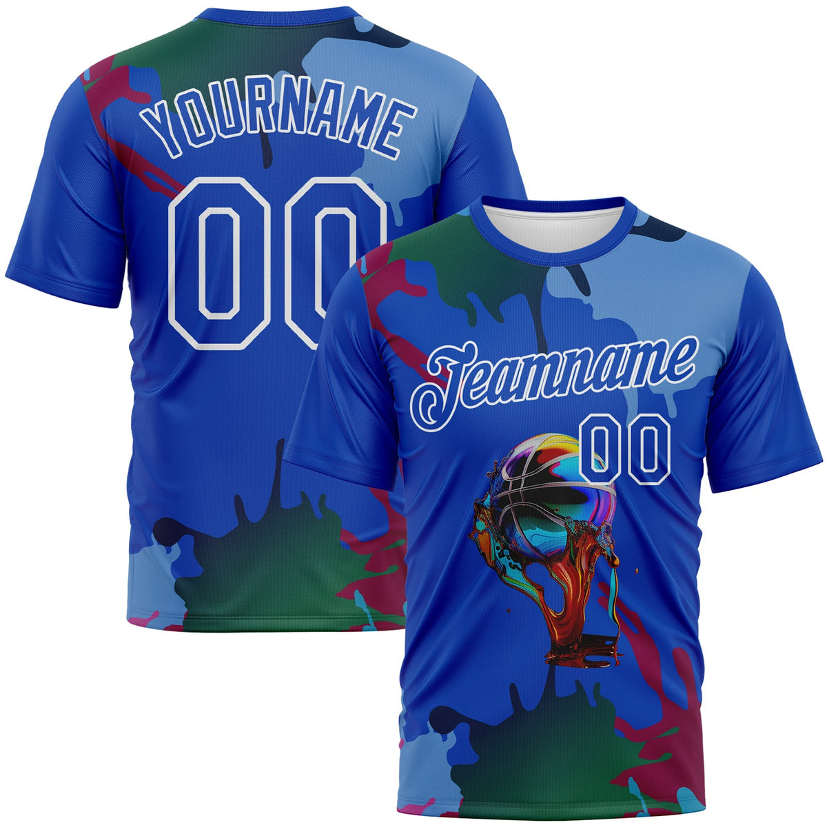 Custom Thunder Blue-White Paint Splash Basketball Graffiti Style Performance T-Shirt