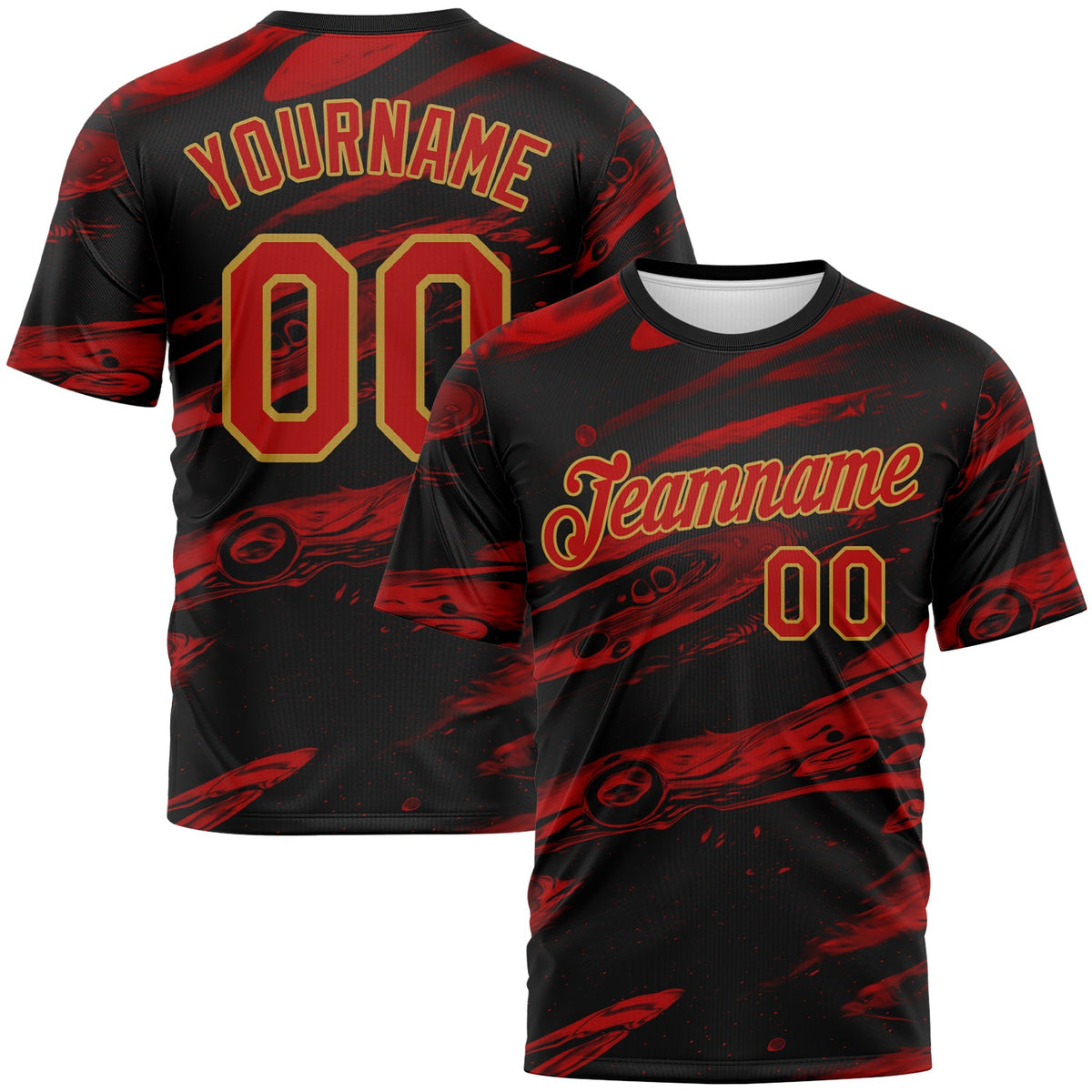 Custom Black Red-Old Gold Lava Splash Ink Wash Performance T-Shirt
