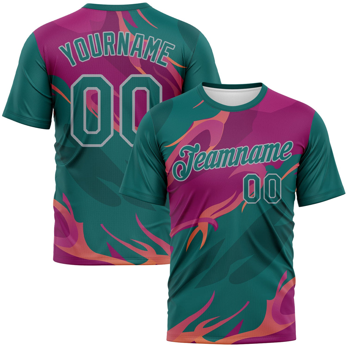 Custom Teal Deep Pink-Gray Flame Abstract Style Performance T-Shirt