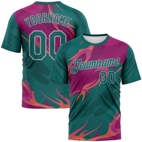 Custom Teal Deep Pink-Gray Flame Abstract Style Performance T-Shirt