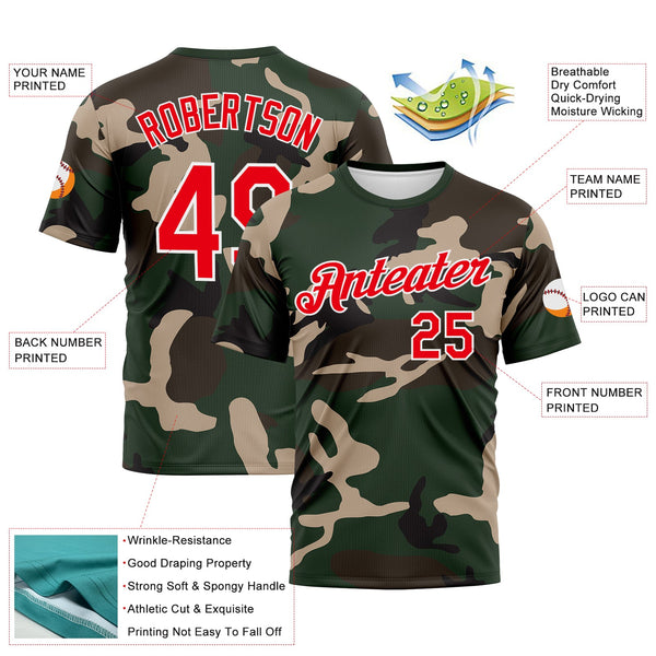 Custom Green Fire Red Olive-White Camouflage Performance T-Shirt alternate