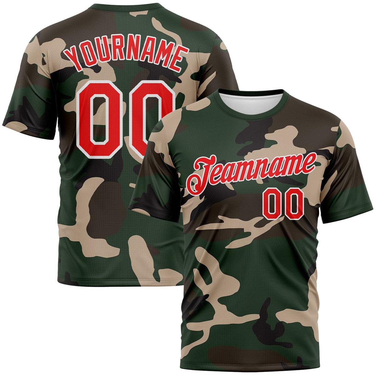 Custom Green Fire Red Olive-White Camouflage Performance T-Shirt