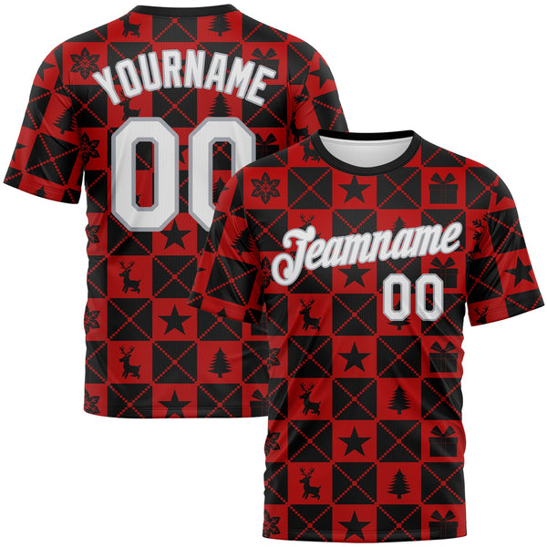 Custom Black White Red-Gray Christmas Buffalo Check Performance T-Shirt