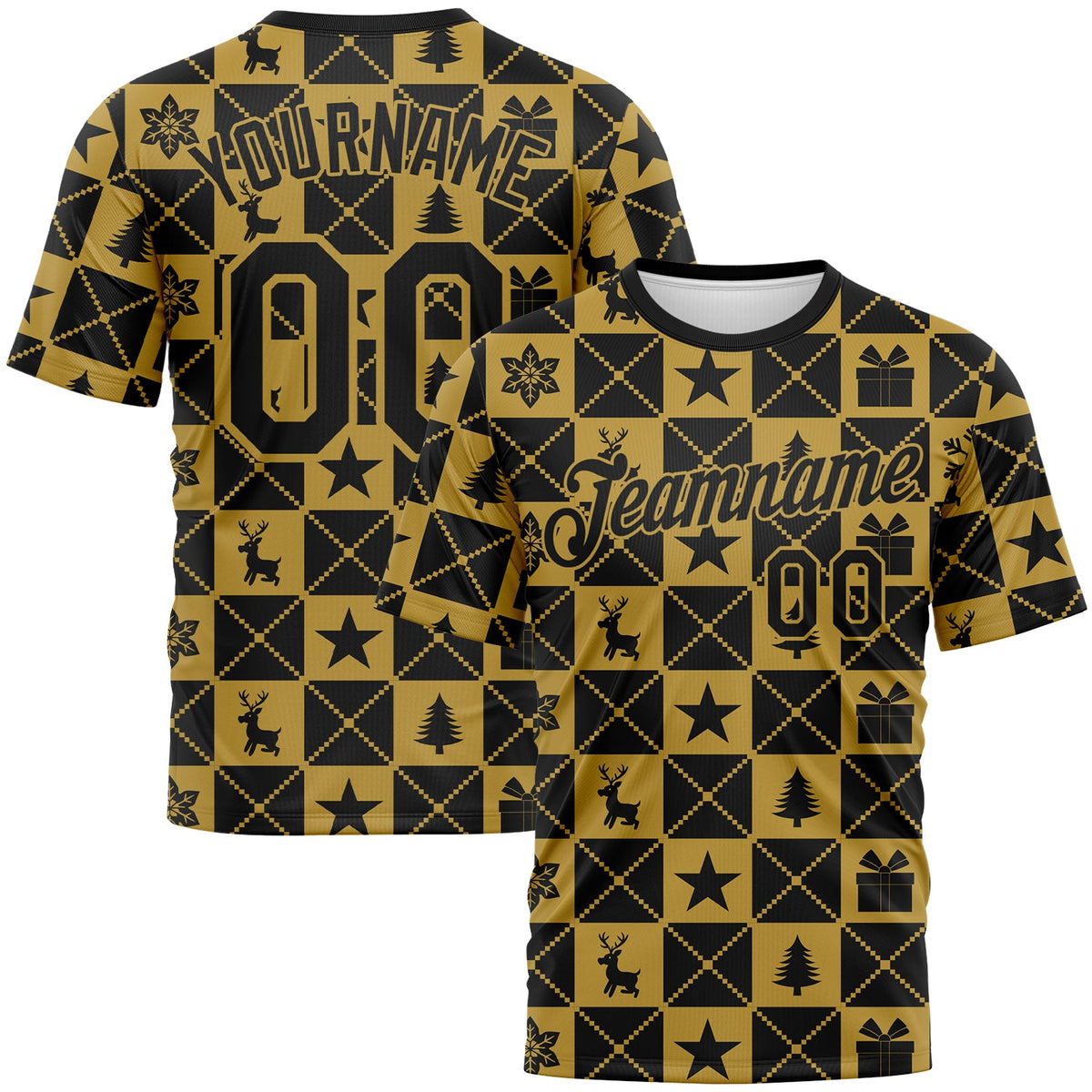 Custom Black-Old Gold Christmas Buffalo Check Performance T-Shirt