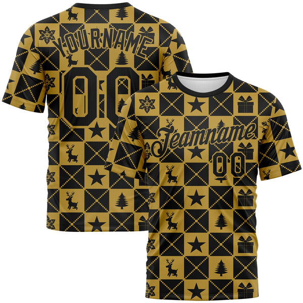 Custom Black-Old Gold Christmas Buffalo Check Performance T-Shirt