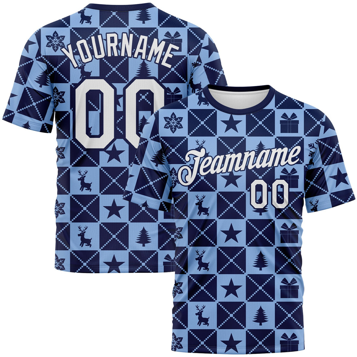 Custom Navy White-Light Blue Christmas Buffalo Check Performance T-Shirt